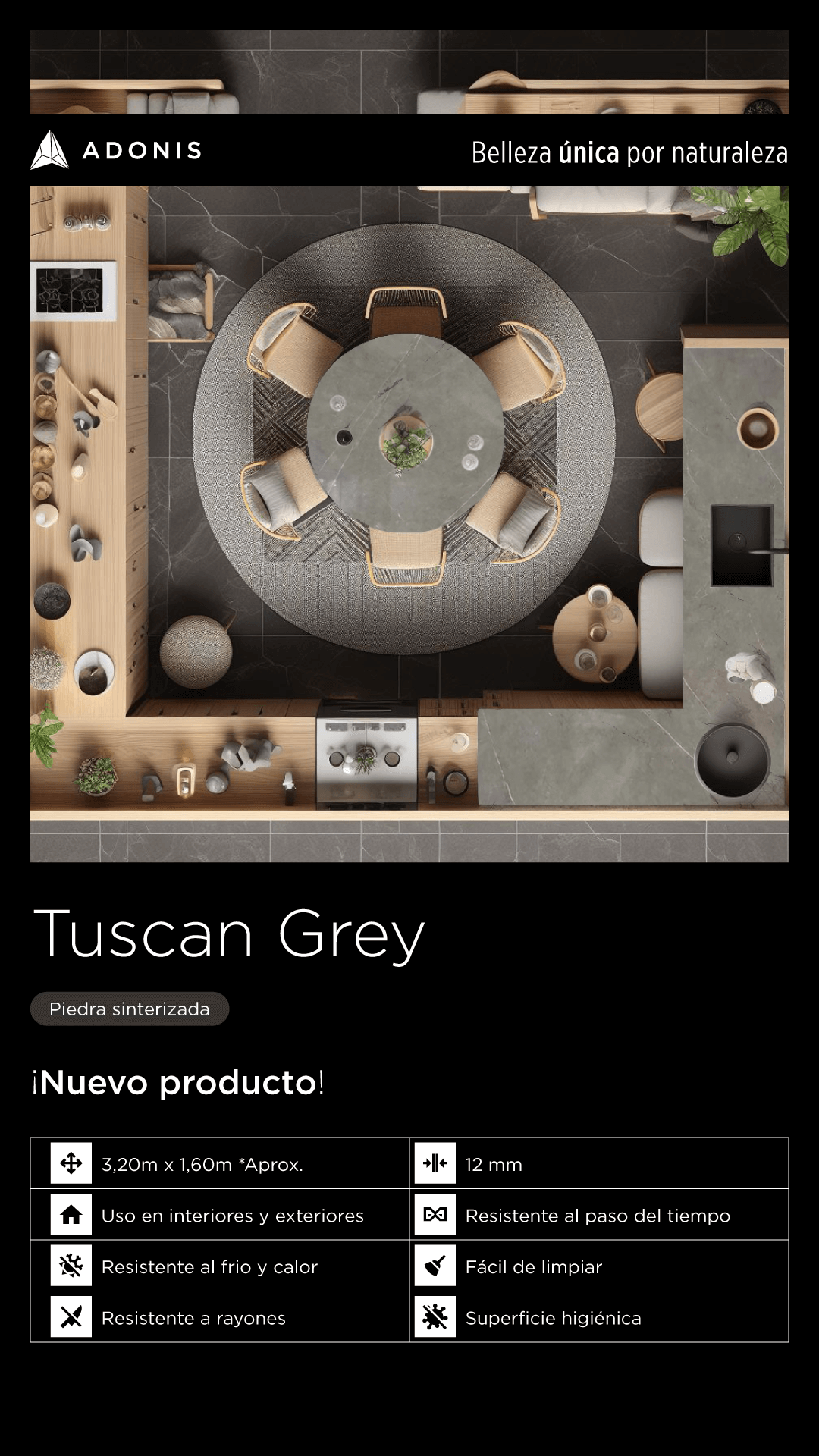 Historia con imágen editada para ambiente con Piedra Sinterizada Tuscan Grey